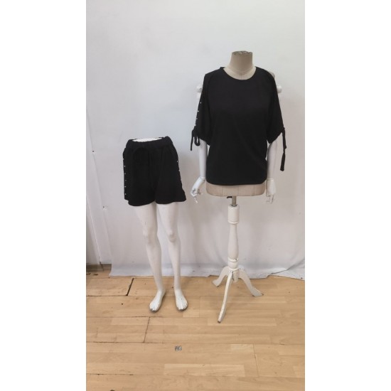 Kadın Kısa Kollu Bisiklet Yaka Yarı Açık Omuz Inci Detaylı Short T-shirt Viskon Ikili Takım, 26222