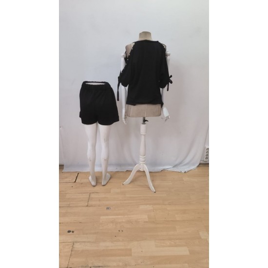 Kadın Kısa Kollu Bisiklet Yaka Yarı Açık Omuz Inci Detaylı Short T-shirt Viskon Ikili Takım, 26222