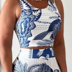 Kadın Sıfır Kollu Yuvarlak Yaka çiçekli Desenli Süprem Crop Ve Yırtmaçlı Etek Ikili Takım, 26239