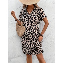 Kadın Kısa Kollu Yakalı Leopar Desenli Süprem Elbise , 26233 Kadın Kısa Kollu Yakalı Leopar Desenli Süprem Elbise , 26233