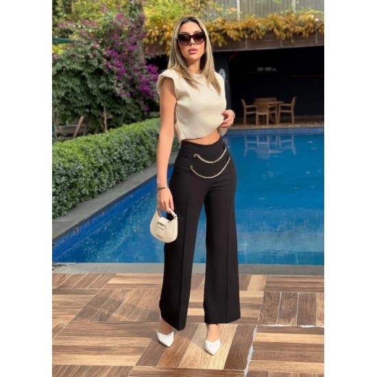 Kadın Beli Zincir Detay Ithal Krep Pantolon , 25478