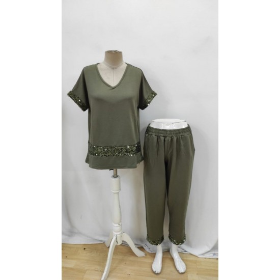 Kadın Kısa Kollu V Yakalı Pul Payetli Viskon Iki Iplik Bluz Ve Pantolon Ikili Takım , 26257