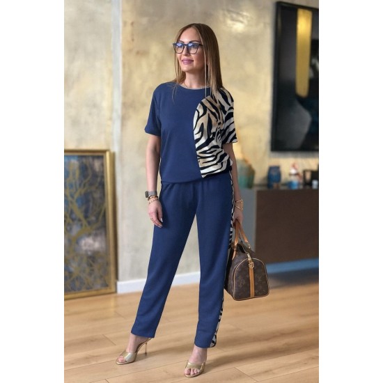 Kadın Kısa Kollu Bisiklet Yaka Zebra Desen Bluz Ve Pantolon Ikili Takım , 26271