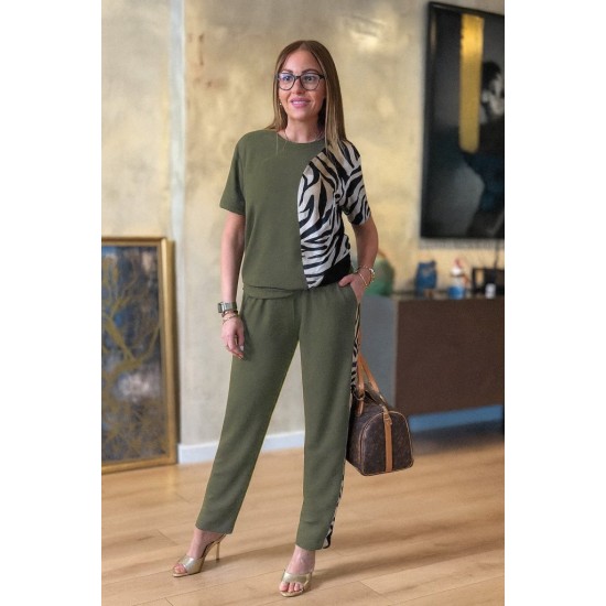 Kadın Kısa Kollu Bisiklet Yaka Zebra Desen Bluz Ve Pantolon Ikili Takım , 26270