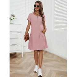 Kadın Kısa Kollu Yakası Açık Fermuarlı Cep Detaylı Ithal Keten Elbise , 26301