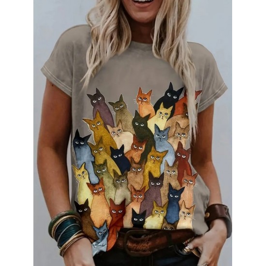 Kadın Kısa Kollu Bisiklet Yaka Kedi Desenli Süprem Bluz , 26346 Kadın Kısa Kollu Bisiklet Yaka Kedi Desenli Süprem Bluz , 26346
