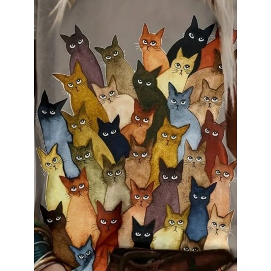 Kadın Kısa Kollu Bisiklet Yaka Kedi Desenli Süprem Bluz , 26346 Kadın Kısa Kollu Bisiklet Yaka Kedi Desenli Süprem Bluz , 26346