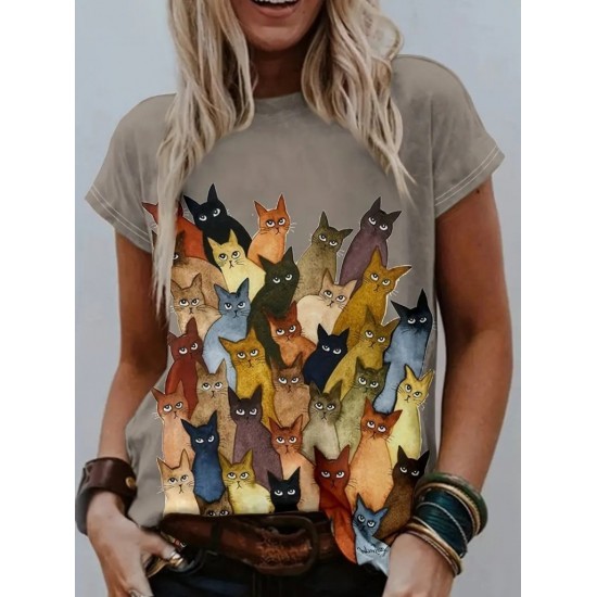 Kadın Kısa Kollu Bisiklet Yaka Kedi Desenli Süprem Bluz , 26346 Kadın Kısa Kollu Bisiklet Yaka Kedi Desenli Süprem Bluz , 26346
