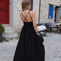 Kadın Sırttan çapraz Bağcıklı Yırtmaçlı Cepli Viskon Elbise , 26377