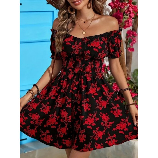 Kadın Kısa Kollu Madonna Yaka Beli Lastikli çiçek Desenli Kısa Süprem Elbise, 26389 Kadın Kısa Kollu Madonna Yaka Beli Lastikli çiçek Desenli Kısa Süprem Elbise, 26389