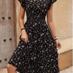 Kadın Kısa Kollu V Yakalı Beli Lastikli çiçek Desenli Süprem Elbise , 26393