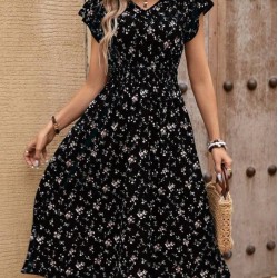 Kadın Kısa Kollu V Yakalı Beli Lastikli çiçek Desenli Süprem Elbise , 26393