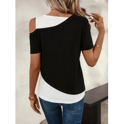 Kadın Kısa Kollu Geometrik Kesin Detaylı çift Renkli Viskon Bluz, 26406 Kadın Kısa Kollu Geometrik Kesin Detaylı çift Renkli Viskon Bluz, 26406