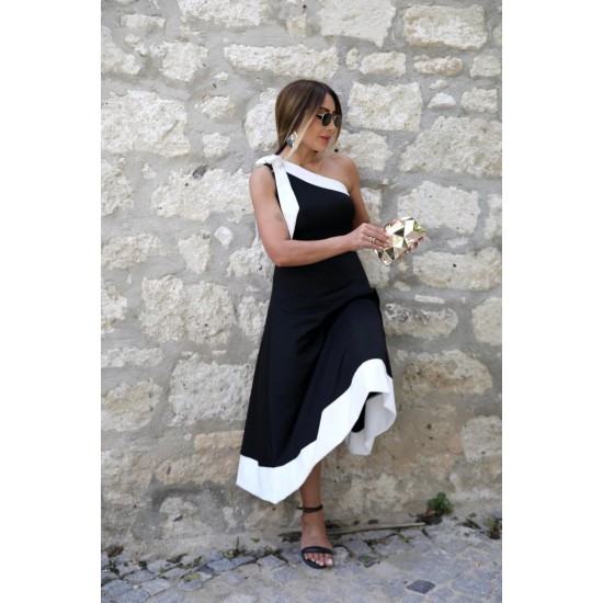 Kadın Tek Omuzu Açık Omuzlardan Kurdela Detaylı çift Renkli Ithal Krep Elbise , 26416 Kadın Tek Omuzu Açık Omuzlardan Kurdela Detaylı çift Renkli Ithal Krep Elbise , 26416