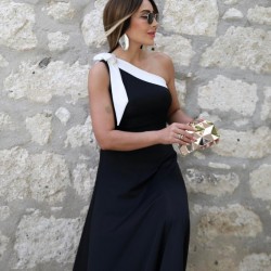 Kadın Tek Omuzu Açık Omuzlardan Kurdela Detaylı çift Renkli Ithal Krep Elbise , 26416