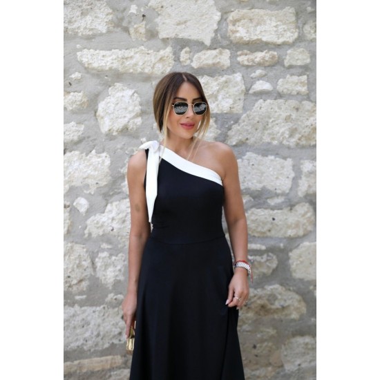 Kadın Tek Omuzu Açık Omuzlardan Kurdela Detaylı çift Renkli Ithal Krep Elbise , 26416 Kadın Tek Omuzu Açık Omuzlardan Kurdela Detaylı çift Renkli Ithal Krep Elbise , 26416