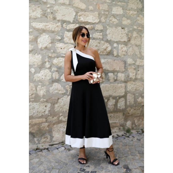 Kadın Tek Omuzu Açık Omuzlardan Kurdela Detaylı çift Renkli Ithal Krep Elbise , 26416 Kadın Tek Omuzu Açık Omuzlardan Kurdela Detaylı çift Renkli Ithal Krep Elbise , 26416