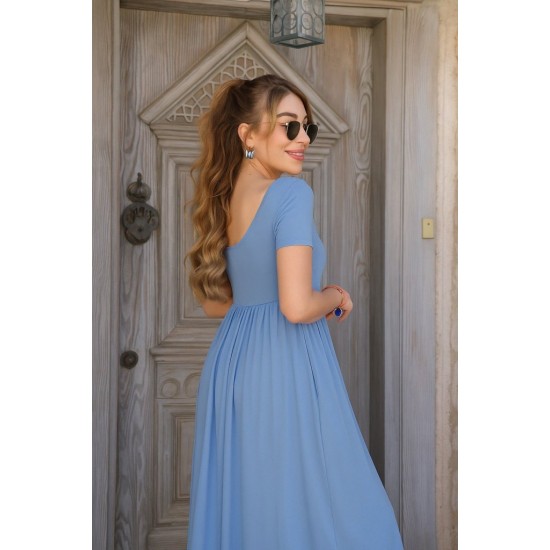 Kadın Kısa Kollu Yuvarlak Yaka önden Yırtmaçlı Cepli Viskon Uzun Elbise, 26464