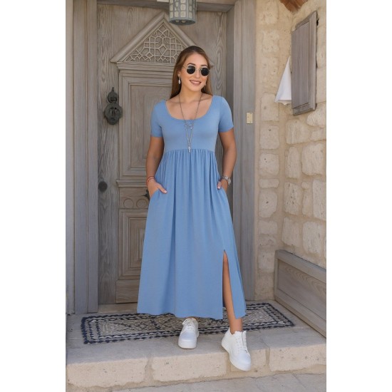 Kadın Kısa Kollu Yuvarlak Yaka önden Yırtmaçlı Cepli Viskon Uzun Elbise, 26464