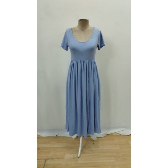 Kadın Kısa Kollu Yuvarlak Yaka önden Yırtmaçlı Cepli Viskon Uzun Elbise, 26464