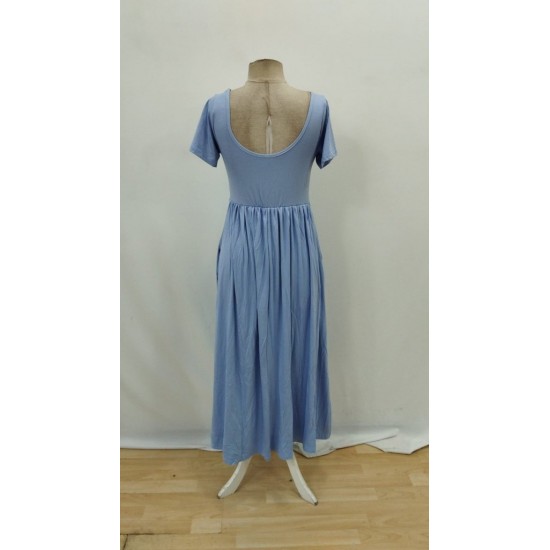 Kadın Kısa Kollu Yuvarlak Yaka önden Yırtmaçlı Cepli Viskon Uzun Elbise, 26464