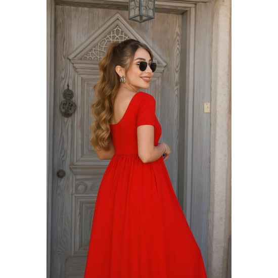 Kadın Kısa Kollu Yuvarlak Yaka önden Yırtmaçlı Cepli Viskon Uzun Elbise, 26463