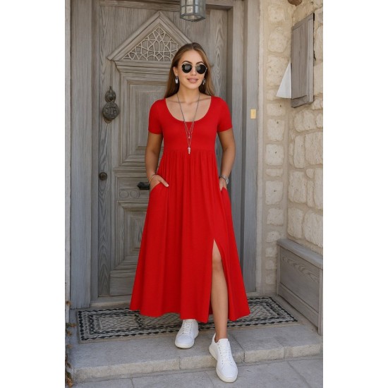 Kadın Kısa Kollu Yuvarlak Yaka önden Yırtmaçlı Cepli Viskon Uzun Elbise, 26463