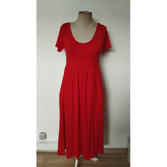 Kadın Kısa Kollu Yuvarlak Yaka önden Yırtmaçlı Cepli Viskon Uzun Elbise, 26463