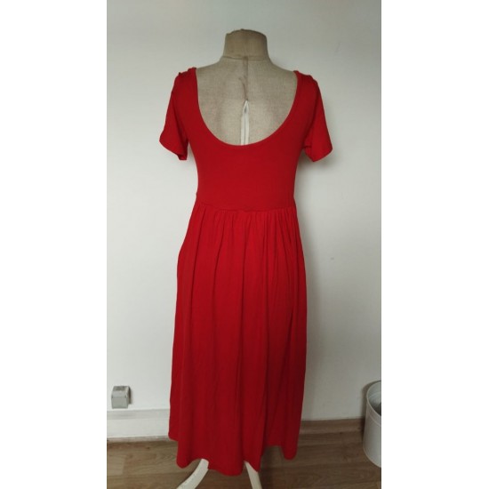 Kadın Kısa Kollu Yuvarlak Yaka önden Yırtmaçlı Cepli Viskon Uzun Elbise, 26463