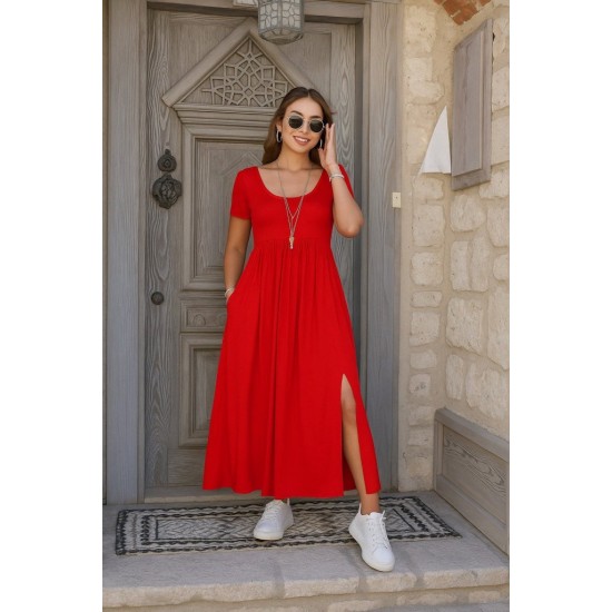 Kadın Kısa Kollu Yuvarlak Yaka önden Yırtmaçlı Cepli Viskon Uzun Elbise, 26463