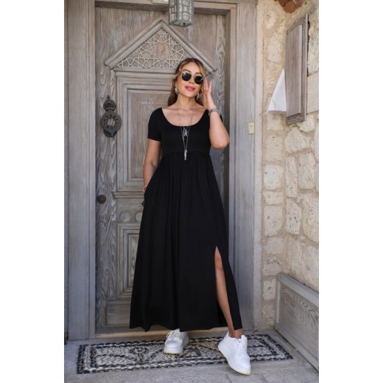 Kadın Kısa Kollu Yuvarlak Yaka önden Yırtmaçlı Cepli Viskon Uzun Elbise, 26461