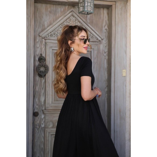 Kadın Kısa Kollu Yuvarlak Yaka önden Yırtmaçlı Cepli Viskon Uzun Elbise, 26461