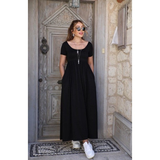 Kadın Kısa Kollu Yuvarlak Yaka önden Yırtmaçlı Cepli Viskon Uzun Elbise, 26461