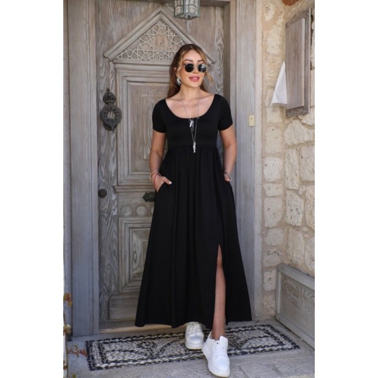 Kadın Kısa Kollu Yuvarlak Yaka önden Yırtmaçlı Cepli Viskon Uzun Elbise, 26461