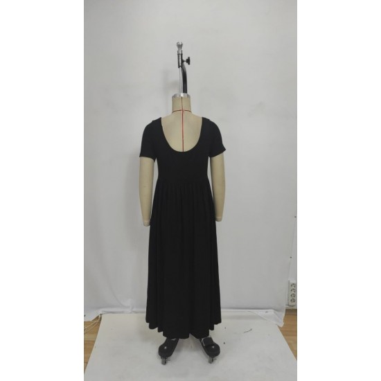 Kadın Kısa Kollu Yuvarlak Yaka önden Yırtmaçlı Cepli Viskon Uzun Elbise, 26461