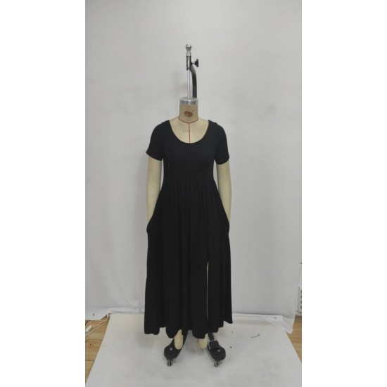 Kadın Kısa Kollu Yuvarlak Yaka önden Yırtmaçlı Cepli Viskon Uzun Elbise, 26461