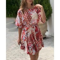 Kadın Kısa Balon Kollu Yuvarlak Yakalı Pileli Desenli Mini Elbise , 26493 Kadın Kısa Balon Kollu Yuvarlak Yakalı Pileli Desenli Mini Elbise , 26493