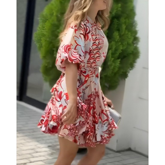Kadın Kısa Balon Kollu Yuvarlak Yakalı Pileli Desenli Mini Elbise , 26493