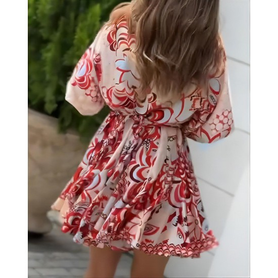 Kadın Kısa Balon Kollu Yuvarlak Yakalı Pileli Desenli Mini Elbise , 26493