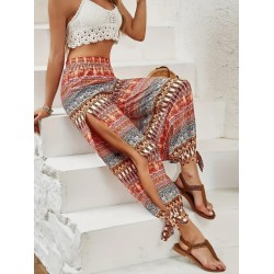 Kadın Yüksek Belli Yanlardan Yırtmaç Detaylı Desenli Bürümcük Pantolon , 26499