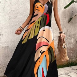 Kadın Ip Askılı V Yakalı Desenli Süprem Maxi Elbise , 26501