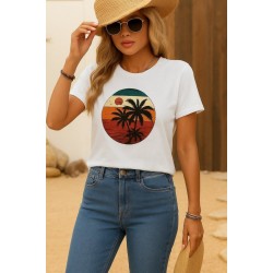 Kadın Kısa Kollu Palmiye Baskılı Viskon Bluz, 26503