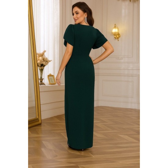 Kadın Kısa Kollu Kruvaze Yakalı Belden çiçek Aksesuarlı Yırtmaçlı Ithal Krep Elbise , 26554