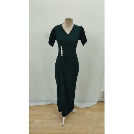 Kadın Kısa Kollu Kruvaze Yakalı Belden çiçek Aksesuarlı Yırtmaçlı Ithal Krep Elbise , 26554