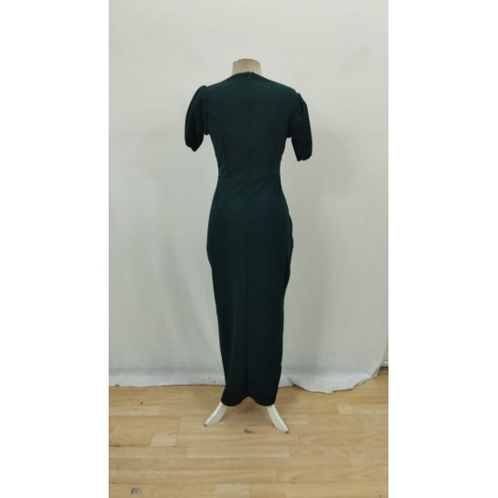 Kadın Kısa Kollu Kruvaze Yakalı Belden çiçek Aksesuarlı Yırtmaçlı Ithal Krep Elbise , 26554