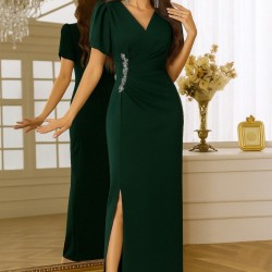 Kadın Kısa Kollu Kruvaze Yakalı Belden çiçek Aksesuarlı Yırtmaçlı Ithal Krep Elbise , 26554