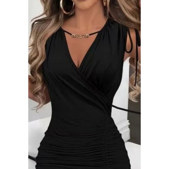 Kadın Sıfır Kollu V Yakalı Yırtmaç Detaylı Beli Büzgülü Omuzdan Bağcıklı Sandy Maxi Elbise , 26552