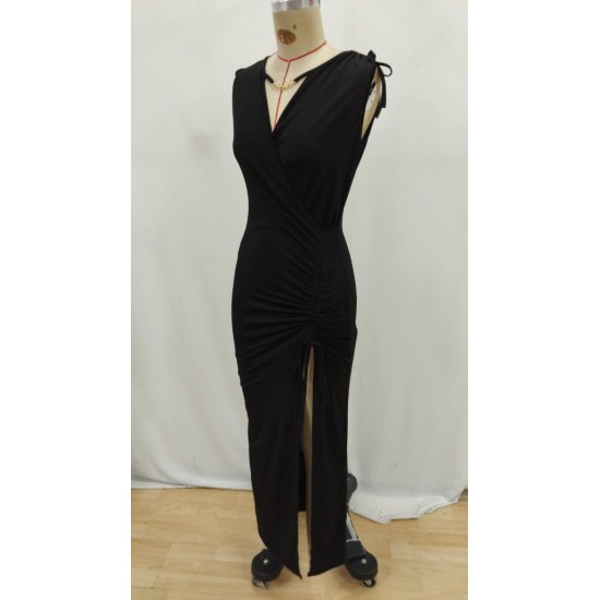 Kadın Sıfır Kollu V Yakalı Yırtmaç Detaylı Beli Büzgülü Omuzdan Bağcıklı Sandy Maxi Elbise , 26552