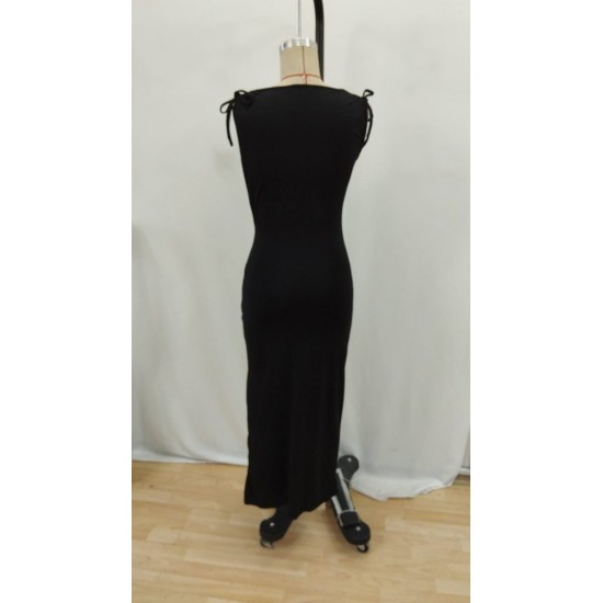 Kadın Sıfır Kollu V Yakalı Yırtmaç Detaylı Beli Büzgülü Omuzdan Bağcıklı Sandy Maxi Elbise , 26552