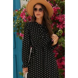 Kadın Uzun Kollu Yakası Bağcıklı Uzun Puantiyeli Krep Maxi Elbise , 26555 Kadın Uzun Kollu Yakası Bağcıklı Uzun Puantiyeli Krep Maxi Elbise , 26555